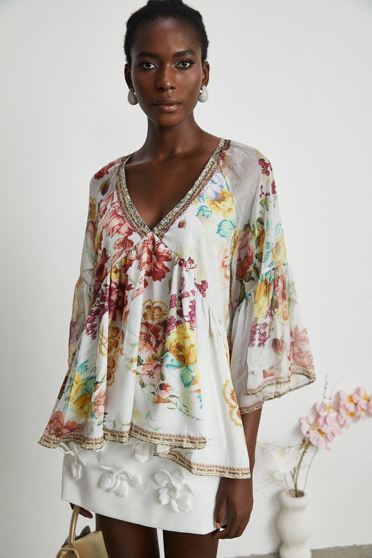 Mary White Floral Crystal Embellished Silk Blouse