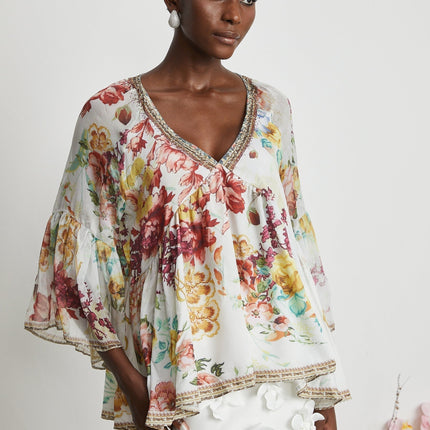 Mary White Floral Crystal Embellished Silk Blouse V-neck Flared Cuffs Pleated Tulle Design