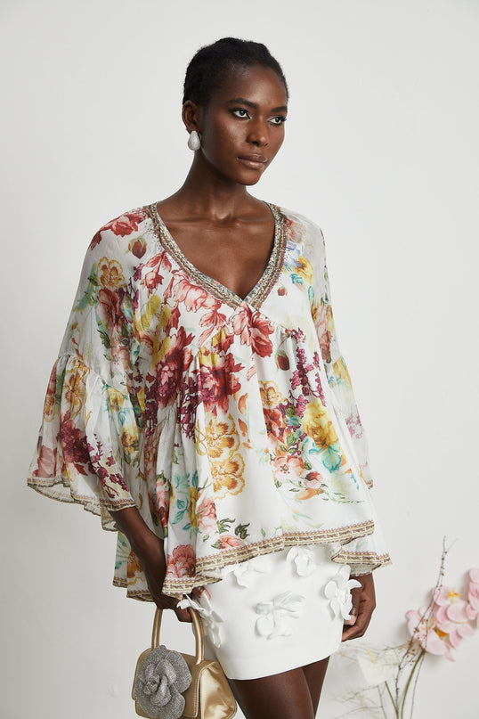 Mary White Floral Crystal Embellished Silk Blouse V-neck Flared Cuffs Pleated Tulle Design