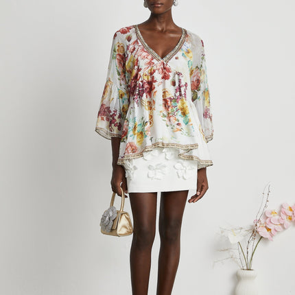 Mary White Floral Crystal Embellished Silk Blouse
