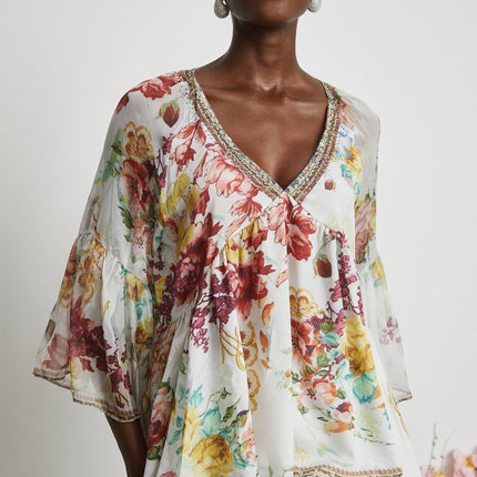 Mary White Floral Crystal Embellished Silk Blouse V-Neck Flared Cuffs Pleated Tulle Design