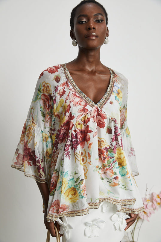 Mary White Floral Crystal Embellished Silk Blouse V-Neck Flared Cuffs Pleated Tulle Design