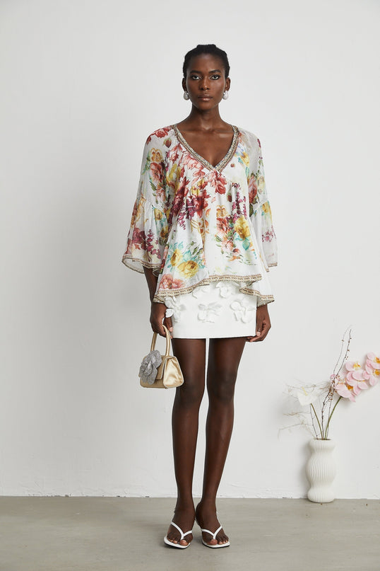 Mary White Floral Crystal Silk Blouse V-neck Flared Cuffs Pleated Tulle Design