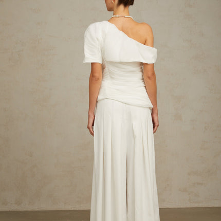 Mary White Smocked One Shoulder Top and Culotte Trousers Set