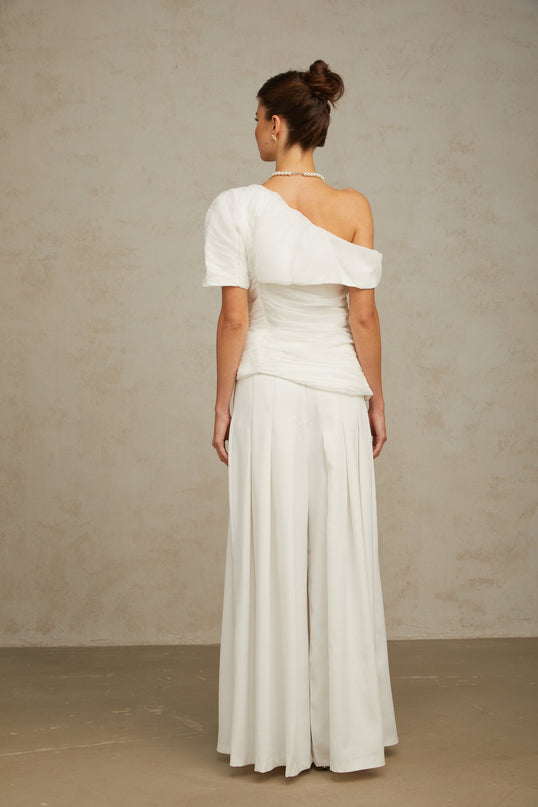 Mary White Smocked One Shoulder Top and Culotte Trousers Set
