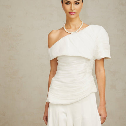 Mary White Smocked One-Shoulder Top and Culotte Trousers Set in Terylene Fiber
