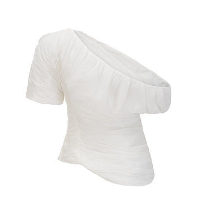 Mary White One-Shoulder Top and Culotte Trousers Set in Terylene Fiber