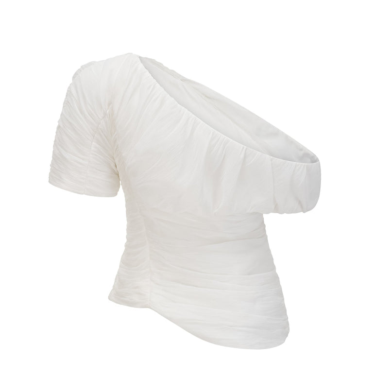 Mary White One-Shoulder Top and Culotte Trousers Set in Terylene Fiber