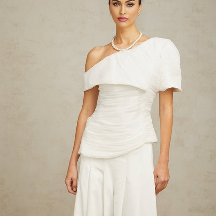 Mary White One-Shoulder Top and Culotte Trousers Set
