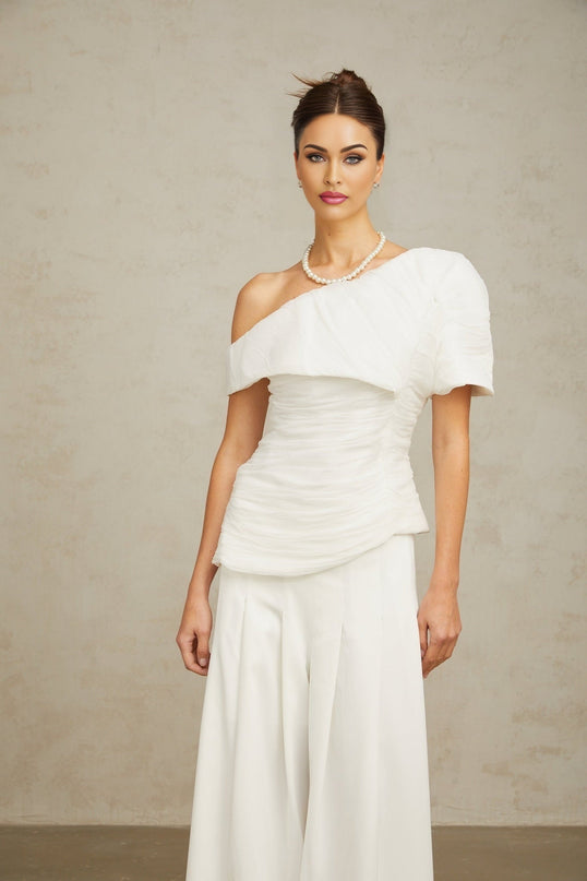 Mary White One-Shoulder Top and Culotte Trousers Set