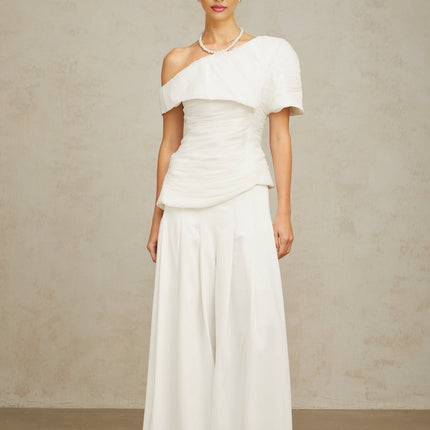 Mary White One Shoulder Top and Culotte Trousers Set