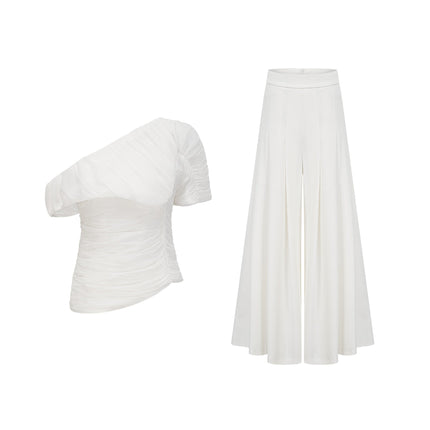 Mary White Top Trousers Set Luxury Elegance One Shoulder Puff Sleeves Smocked Culotte Pleat Detailing Wide Leg Terylene Fiber Quality Sophistication Fashion Enthusiast