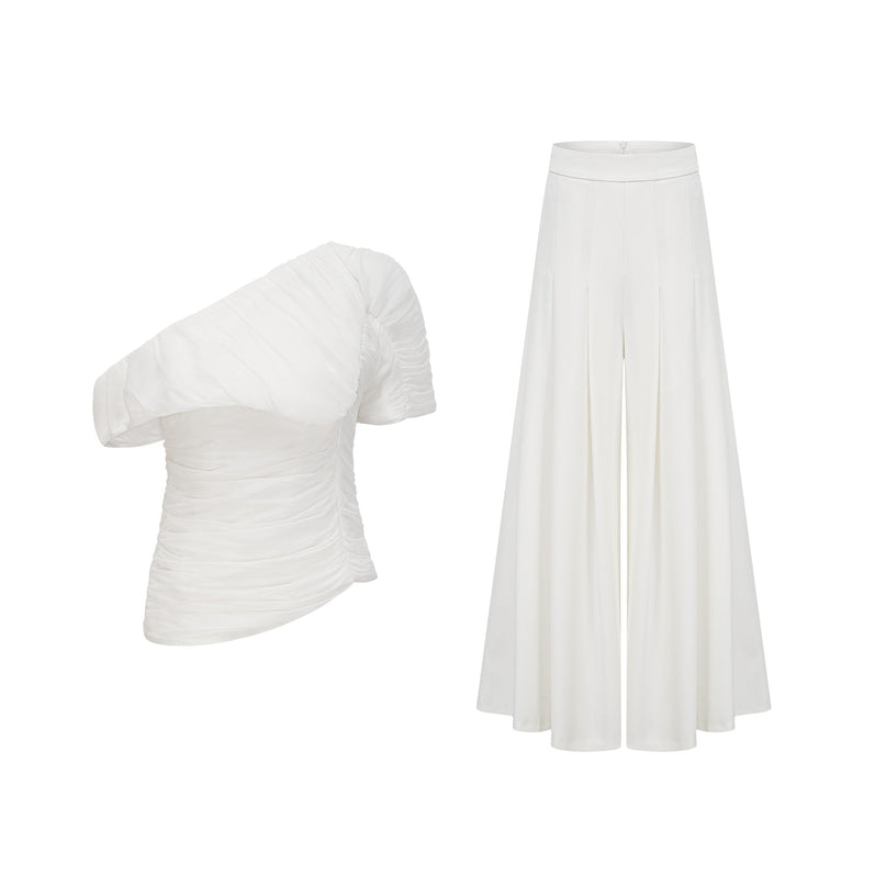 Mary White Top Trousers Set Luxury Elegance One Shoulder Puff Sleeves Smocked Culotte Pleat Detailing Wide Leg Terylene Fiber Quality Sophistication Fashion Enthusiast