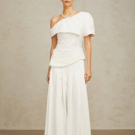 Mary White One-Shoulder Top and Culotte Trousers Set in Terylene Fiber