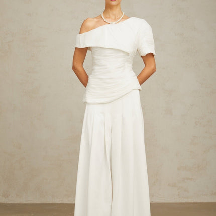 Mary White One-Shoulder Top and Culotte Trousers Set