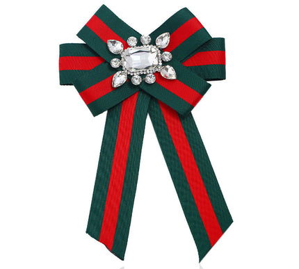 Mary's Red/Green Fabric Ribbon Bow Brooches with Rhinestones