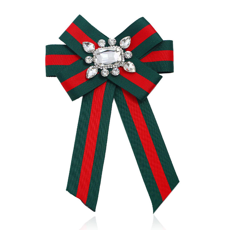 Mary's Red/Green Fabric Ribbon Bow Brooches with Rhinestones