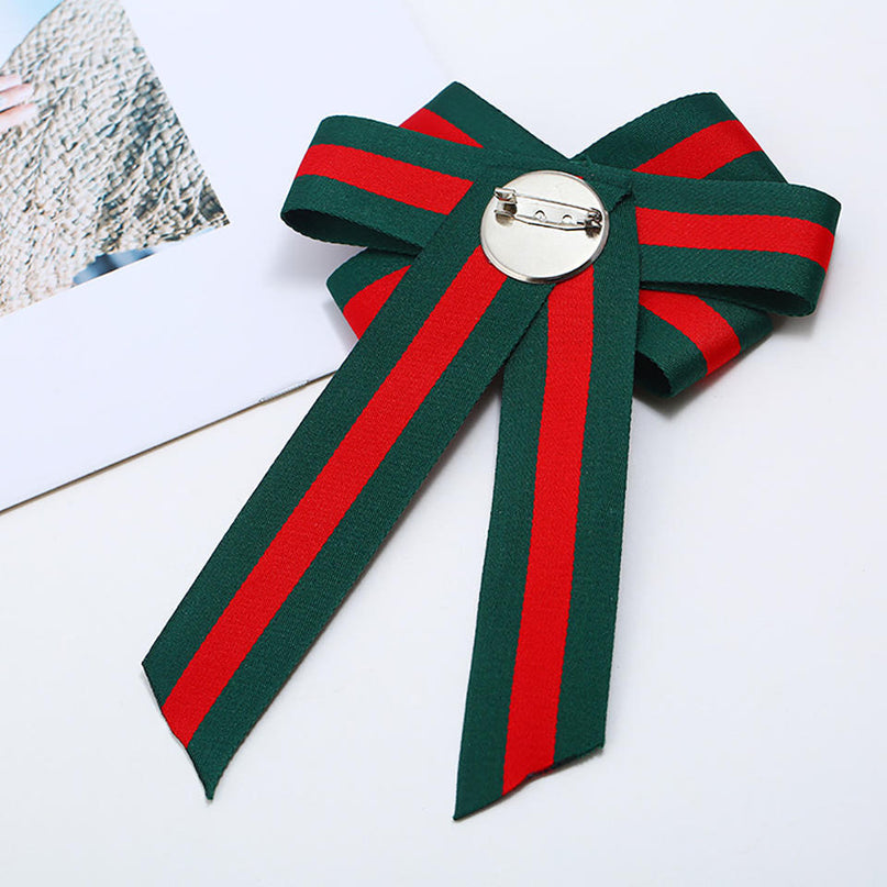 Mary's Red/Green Fabric Ribbon Bow Brooches with Rhinestones