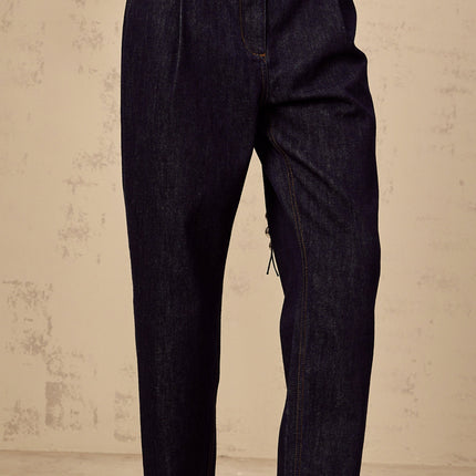 Massimiliana Blue High Rise Wide Leg Jeans with Pleated Detailing and Button and Zip Fastening