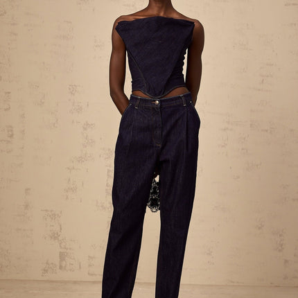Massimiliana Blue High Rise Wide Leg Jeans with Pleated Detailing and Front Button Zip Fastening