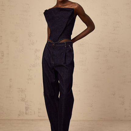 Massimiliana Blue Wide Leg High Rise Jeans with Pleated Detailing