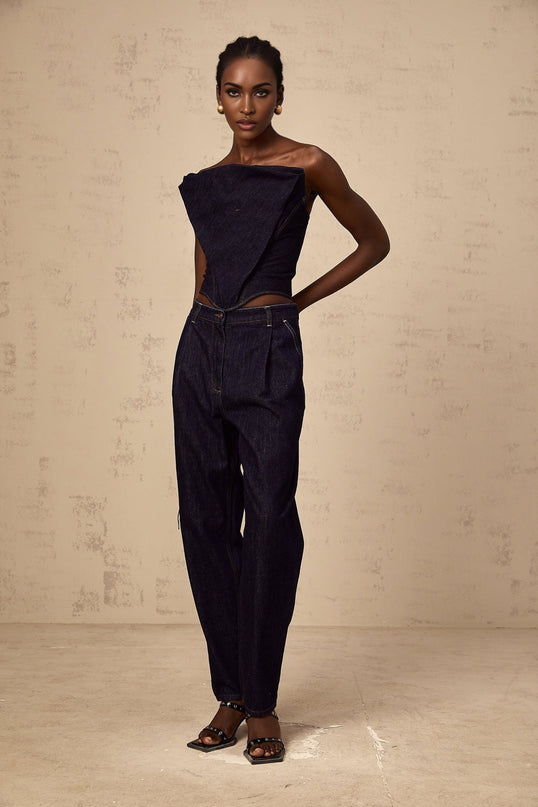 Massimiliana Blue Wide Leg High Rise Jeans with Pleated Detailing