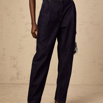 Massimiliana Blue Wide Leg High Rise Jeans Pleated Detailing Button Zip Fastening Cotton Composition Elegant Versatile Staple Fashion Forward