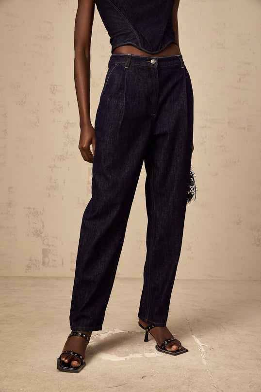 Massimiliana Blue Wide Leg High Rise Jeans Pleated Detailing Button Zip Fastening Cotton Composition Elegant Versatile Staple Fashion Forward