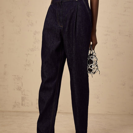 Massimiliana Blue Wide Leg Jeans with Pleated Detailing