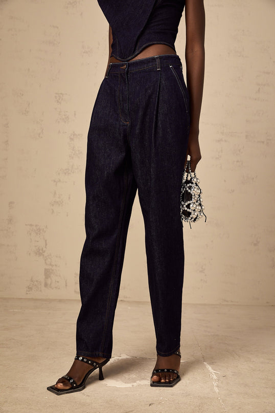 Massimiliana Blue Wide Leg Jeans with Pleated Detailing