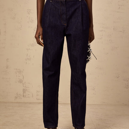 Massimiliana Blue Wide Leg Jeans with Pleated Detailing