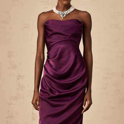 Massimiliana Purple Satin Midi Dress with Off-Shoulder Design and Ruched Accents