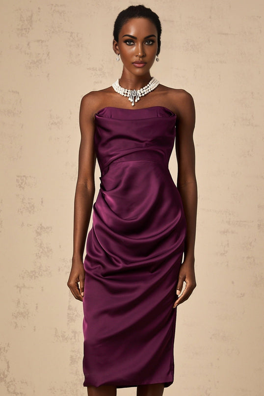 Massimiliana Purple Satin Midi Dress with Off-Shoulder Design and Ruched Accents