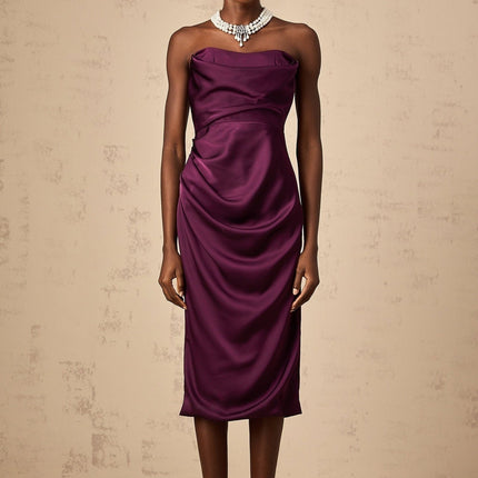 Massimiliana Purple Satin Midi Dress with Off-Shoulder Design and Ruched Accents