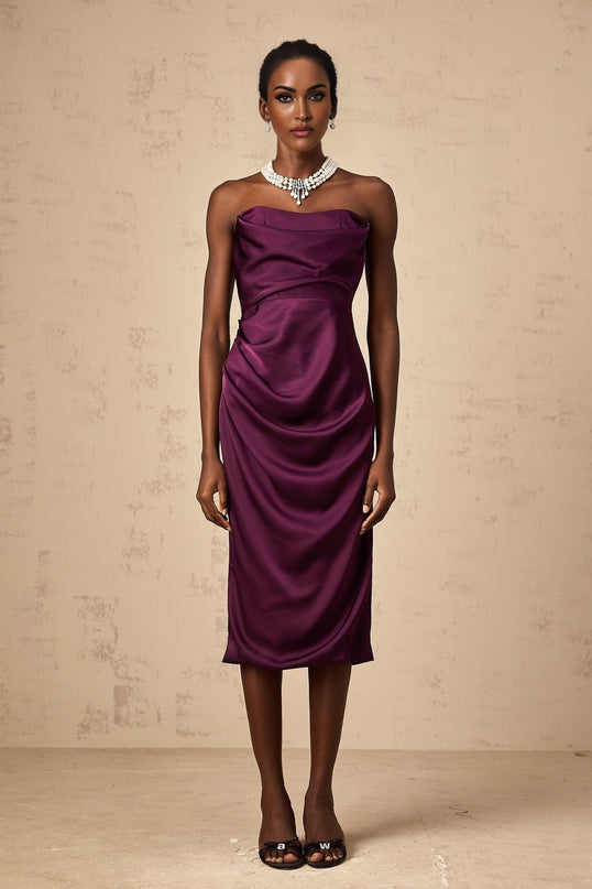 Massimiliana Purple Satin Midi Dress with Off-Shoulder Design and Ruched Accents