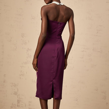 Massimiliana Purple Satin Midi Dress with Off-Shoulder Design and Ruched Accents
