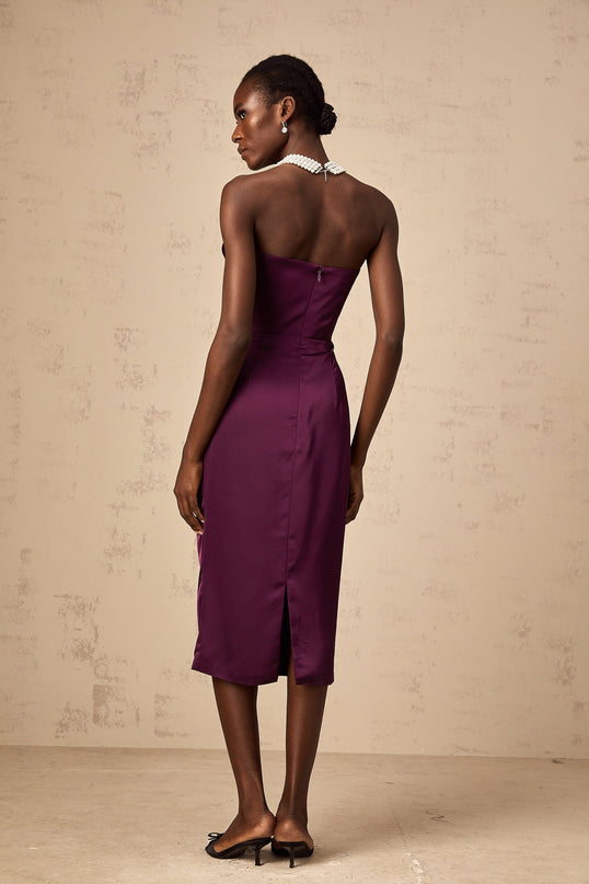 Massimiliana Purple Satin Midi Dress with Off-Shoulder Design and Ruched Accents