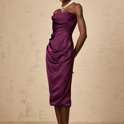 Massimiliana Purple Satin Midi Dress with Off-Shoulder Design and Ruched Accents