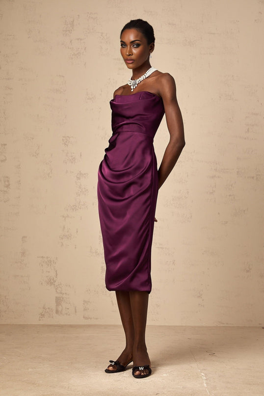 Massimiliana Purple Satin Midi Dress with Off-Shoulder Design and Ruched Accents