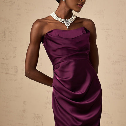 Massimiliana Purple Satin Midi Dress with Off-Shoulder Design and Cut-Out Details