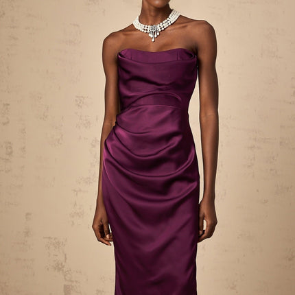 Massimiliana Purple Satin Off-Shoulder Midi Dress with Cut-Out Details and Ruched Accents