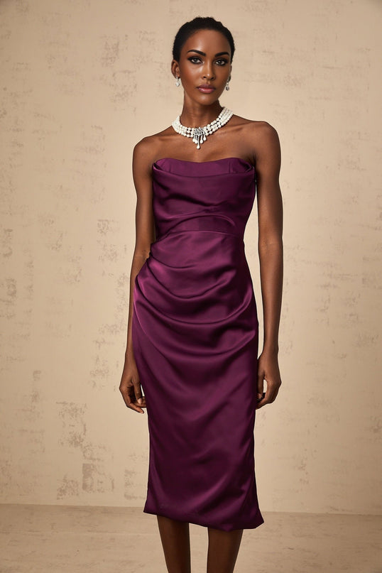 Massimiliana Purple Satin Off-Shoulder Midi Dress with Cut-Out Details and Ruched Accents