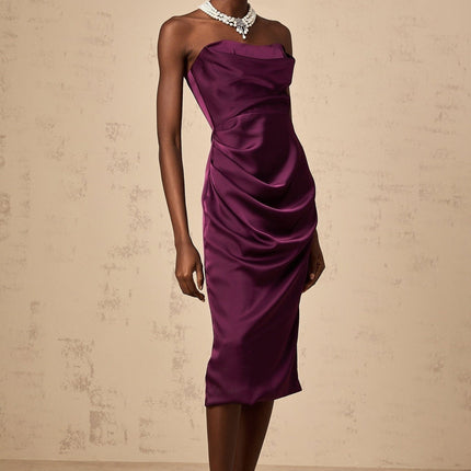 Massimiliana Purple Satin Off-Shoulder Midi Dress with Cut-Out Details and Ruched Accents