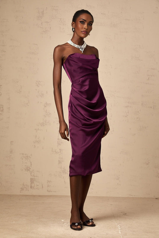 Massimiliana Purple Satin Off-Shoulder Midi Dress with Cut-Out Details and Ruched Accents