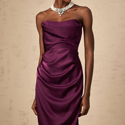 Massimiliana Purple Satin Off-Shoulder Midi Dress with Cut-Out Details and Ruched Accents
