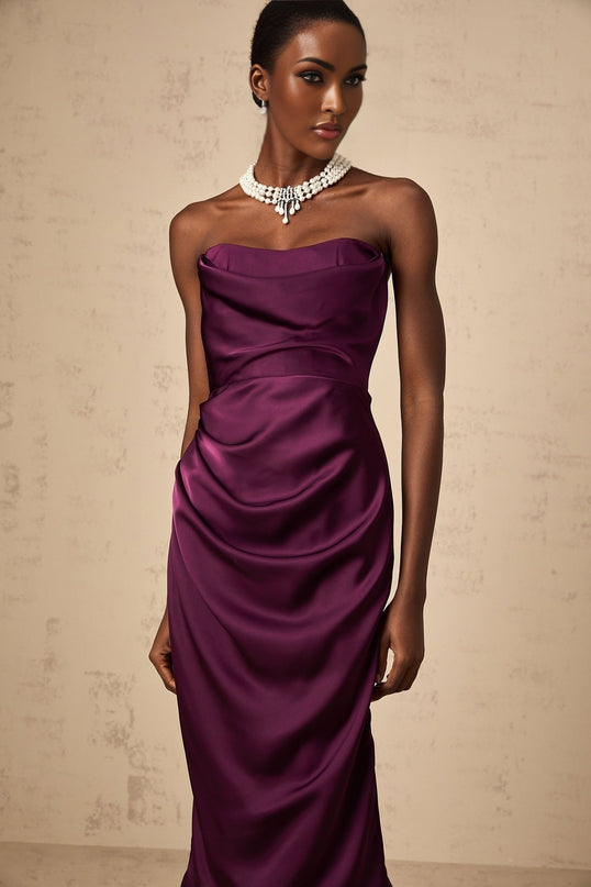 Massimiliana Purple Satin Off-Shoulder Midi Dress with Cut-Out Details and Ruched Accents