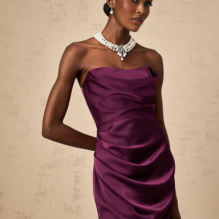 Massimiliana Purple Satin Off-Shoulder Midi Dress with Cut-Out Details and Ruched Accents