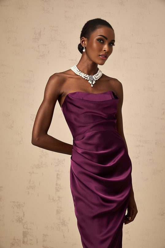 Massimiliana Purple Satin Off-Shoulder Midi Dress with Cut-Out Details and Ruched Accents