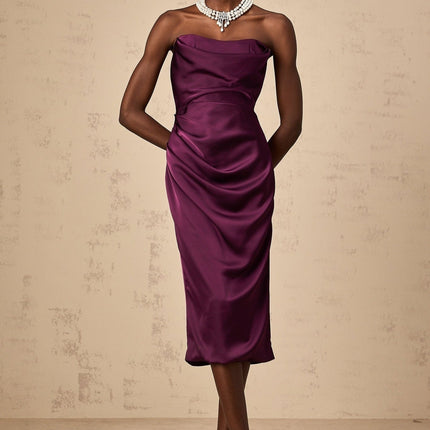 Massimiliana Purple Satin Off-Shoulder Midi Dress with Cut-Out Details and Ruched Accents