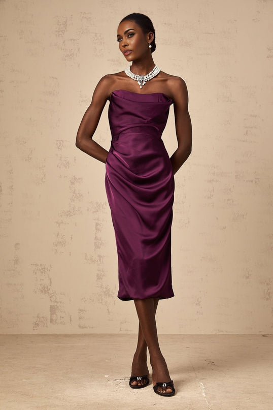 Massimiliana Purple Satin Off-Shoulder Midi Dress with Cut-Out Details and Ruched Accents